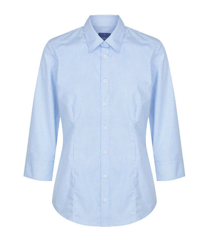 A light blue button-up shirt featuring a gingham pattern and three-quarter sleeves. It includes a logo on the collar.