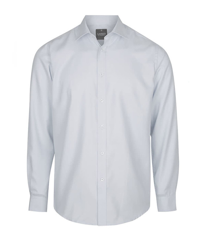 A light blue button-up shirt with long sleeves and a collar, featuring a logo.