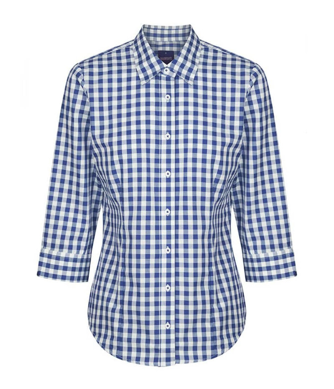 A blue and white checkered button-up shirt with three-quarter sleeves and a collar. Features a logo on the side.