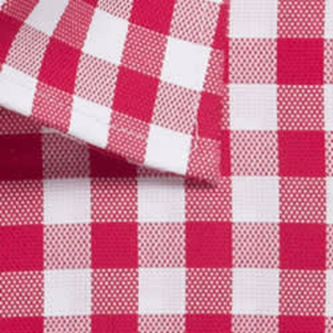 A close-up of a red and white checkered button-up shirt, featuring a fold at the collar and collar band.