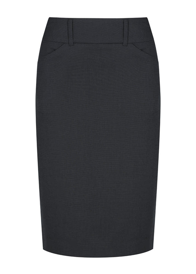 A dark grey pencil skirt with a fitted design and subtle texture details. It features front pockets and a waistband.