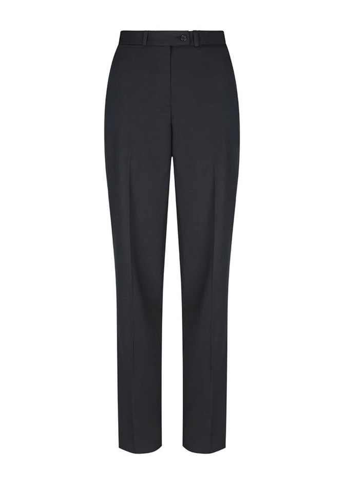 A pair of black trousers with a straight-leg cut and a fitted waistband, featuring belt loops and a button closure.