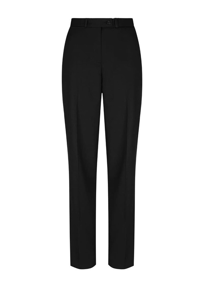 Black tailored trousers with a belt loop detail and a sleek, straight-leg design. Features a branding logo.