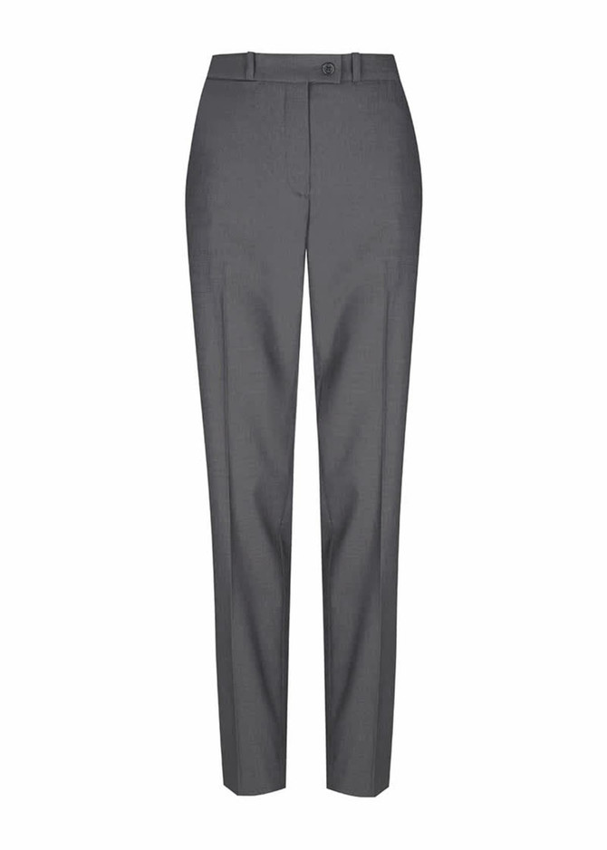 Grey slim leg slacks with a front button closure and waistband. Features a logo on the waistband.