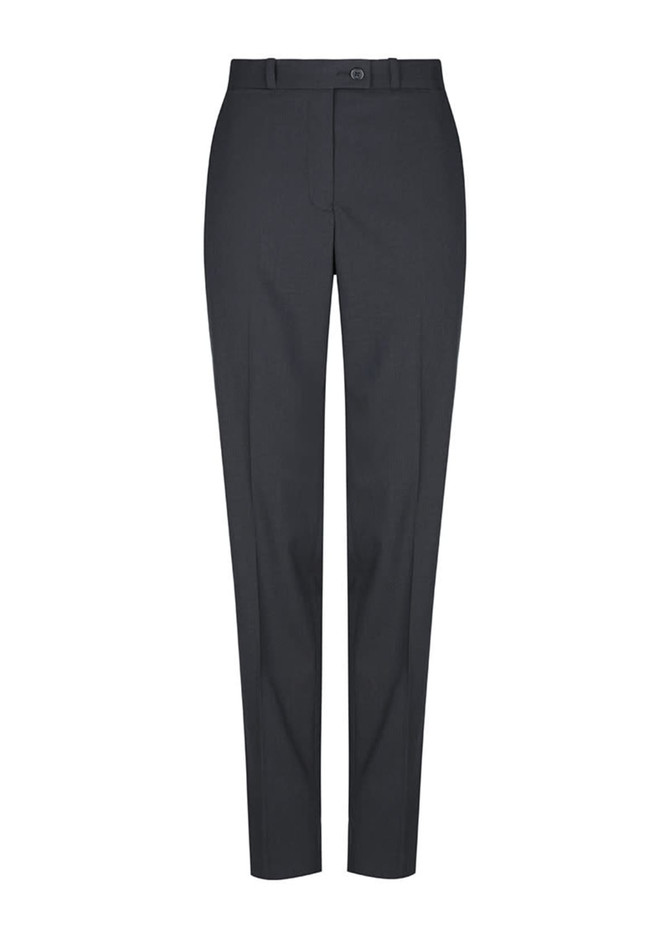 A pair of slim leg slacks in dark grey featuring a flat front and belt loops, with a logo on the waistband.