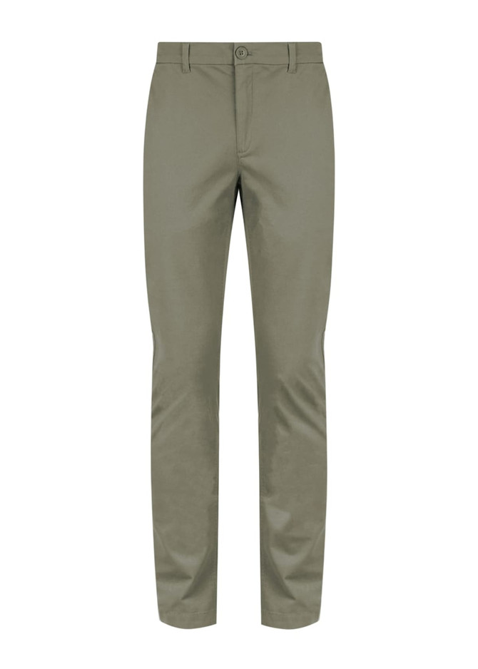 A pair of olive green chinos with a straight leg and a front button closure. The pants feature a subtle logo.