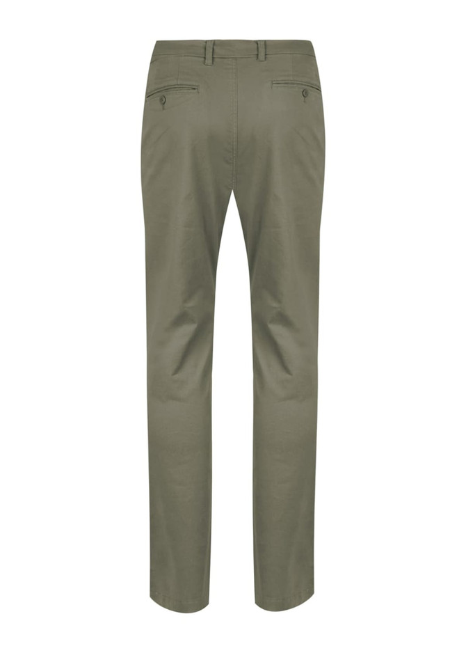 A pair of olive green chinos with a straight leg and two back pockets, featuring a subtle logo.