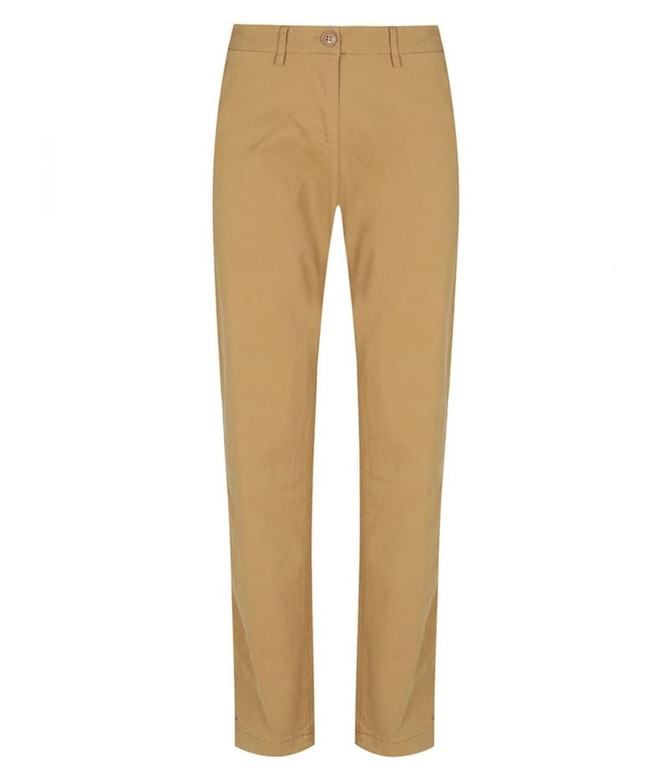A pair of tan chinos featuring a straight-leg design and a button closure, with a logo on the waistband.