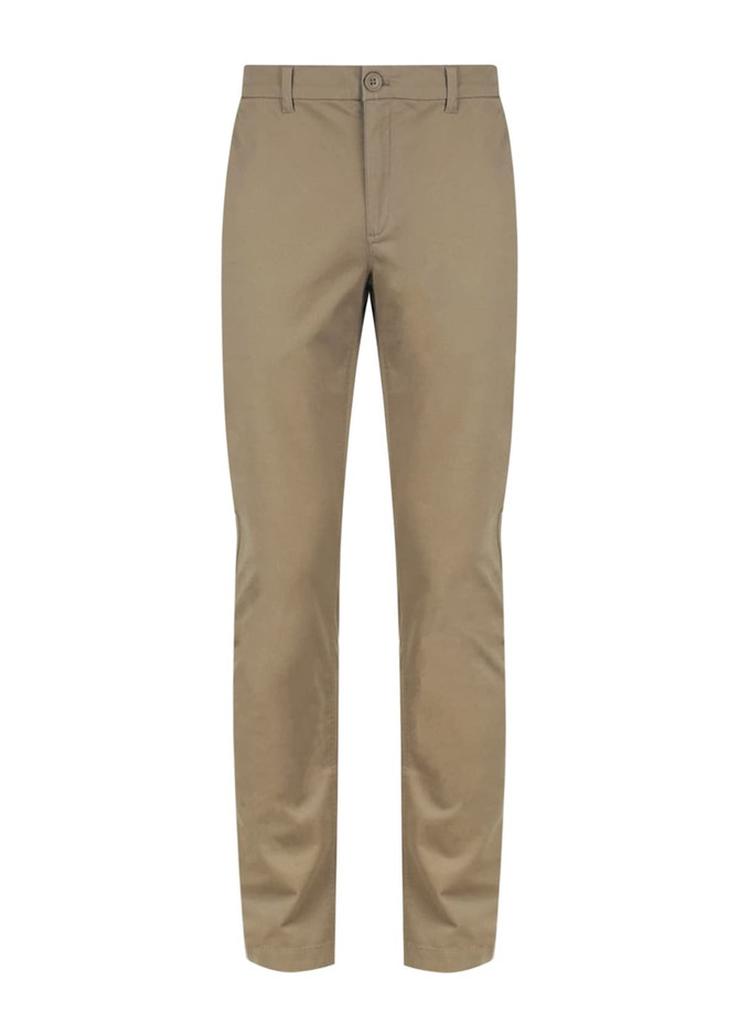 A pair of tan chino pants with a button closure and a brand logo on the waistband.