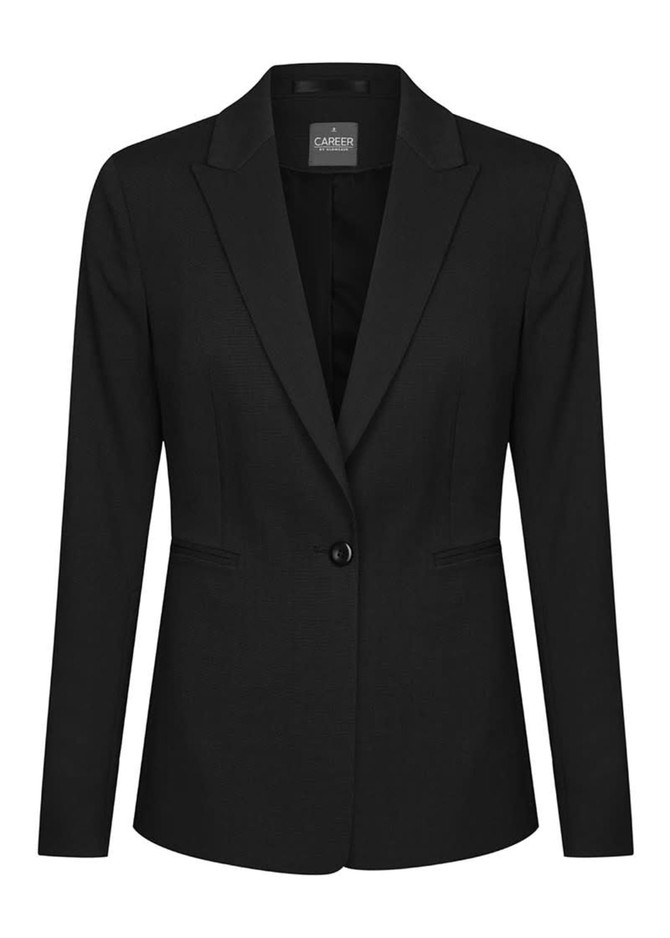 A black blazer featuring a single button closure and a classic lapel design, with a logo inside.