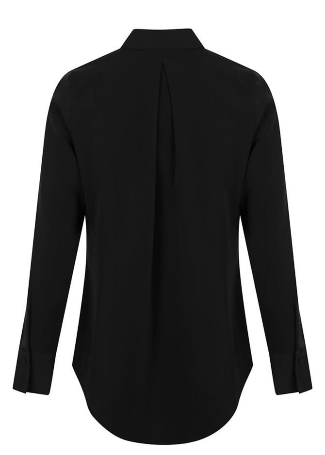 A black long-sleeved shirt with a half placket and a back pleat, featuring buttoned cuffs. It has branding.