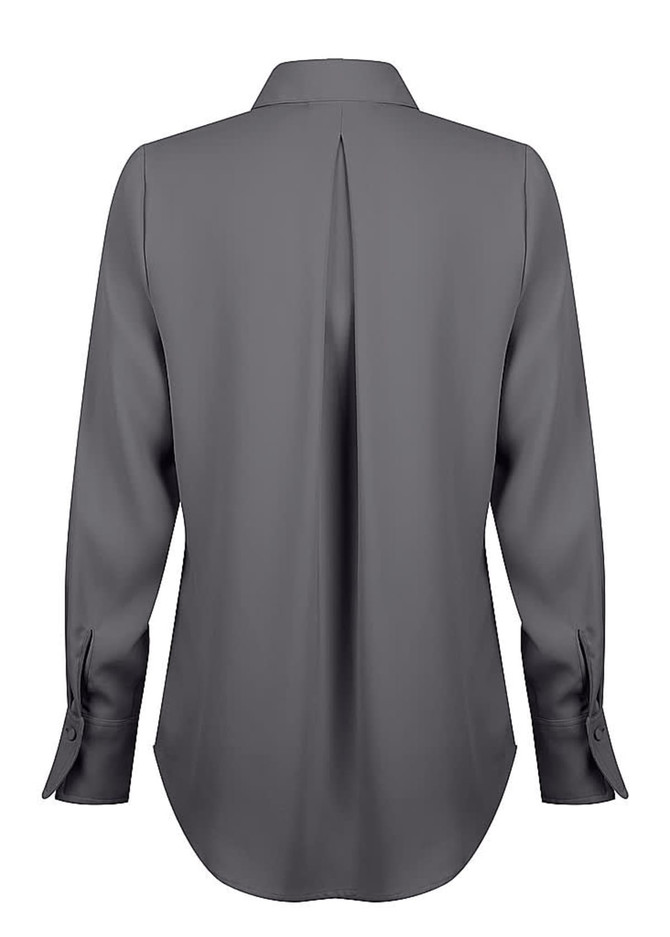 A grey shirt with a 1/2 placket and long sleeves, featuring a centre back pleat and button cuffs.