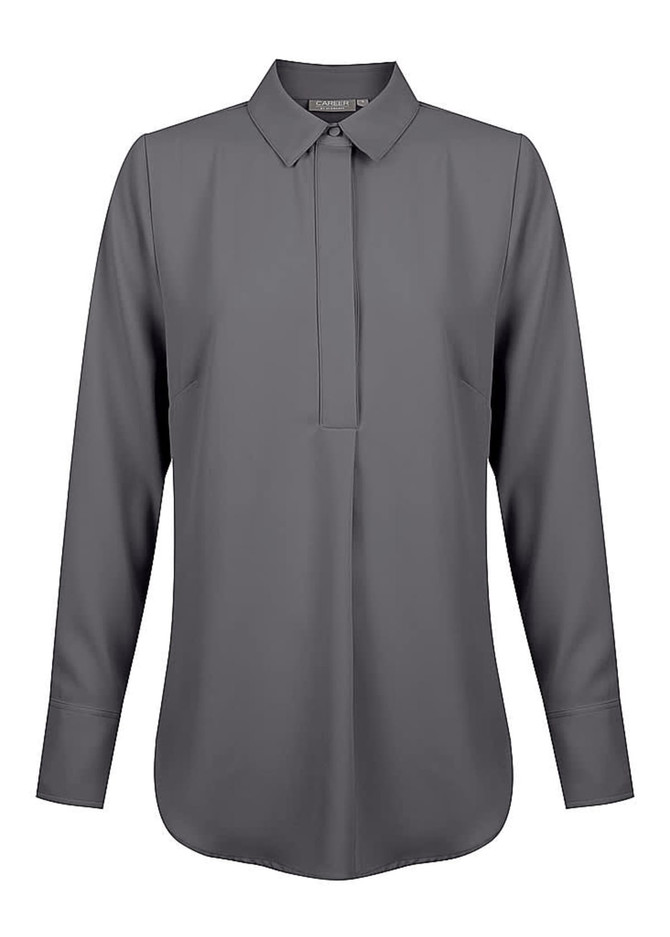 A grey Quinn 1/2 placket shirt featuring a collar and long sleeves, with a subtle logo.
