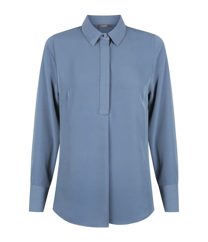 A blue Quinn 1/2 placket shirt with long sleeves and a collar, featuring a logo.