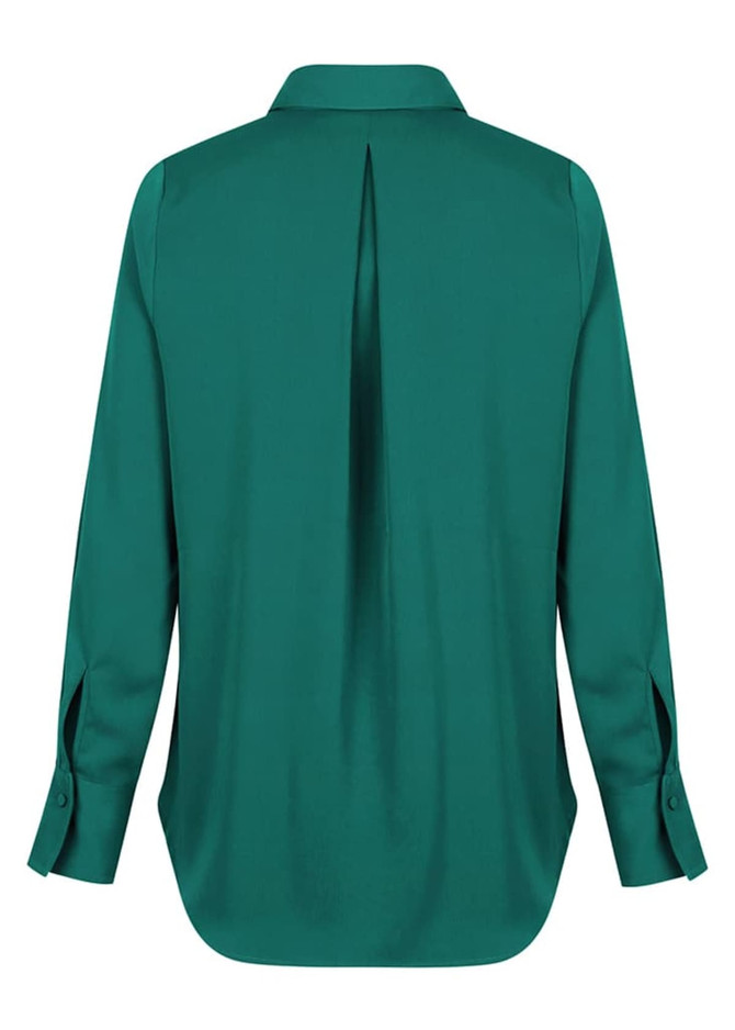 A green shirt with a half placket and long sleeves, featuring a central pleat at the back. It has a logo.