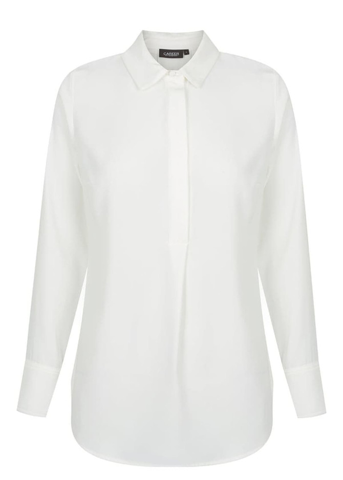A white, long-sleeved shirt with a half placket and a collar, featuring branding on the neckline.