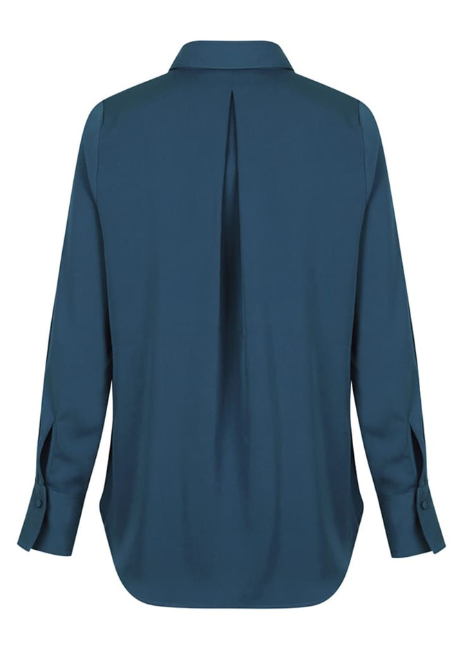 A teal shirt with a half placket and a back pleat, featuring long sleeves and buttoned cuffs. It has a logo.