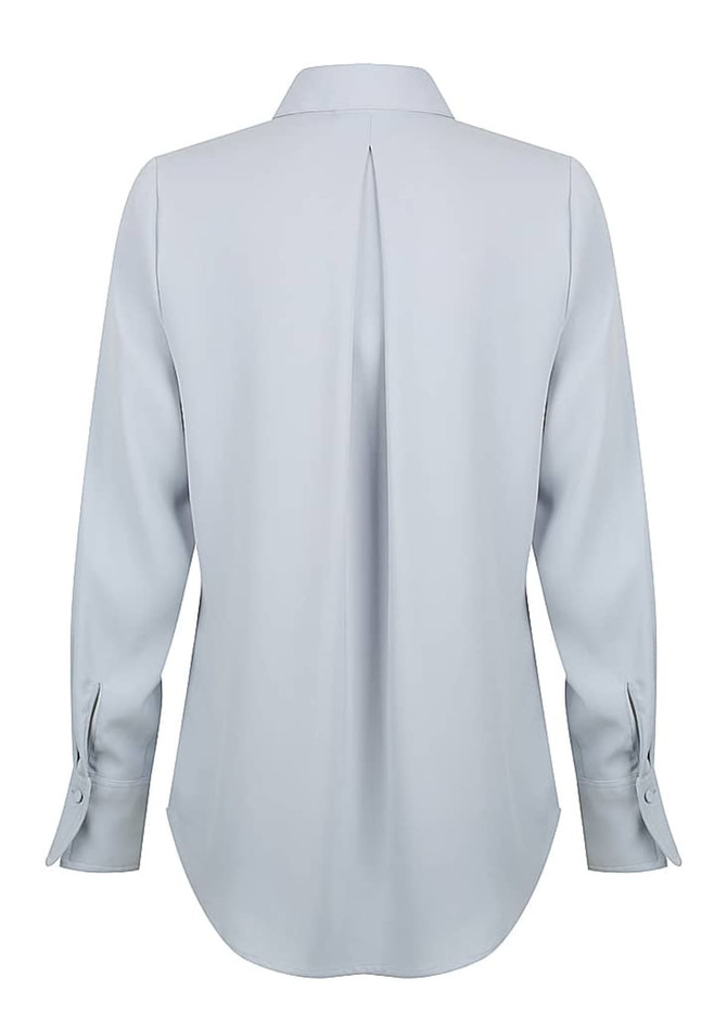 A light blue shirt with a half placket and long sleeves, featuring a back pleat and buttoned cuffs.