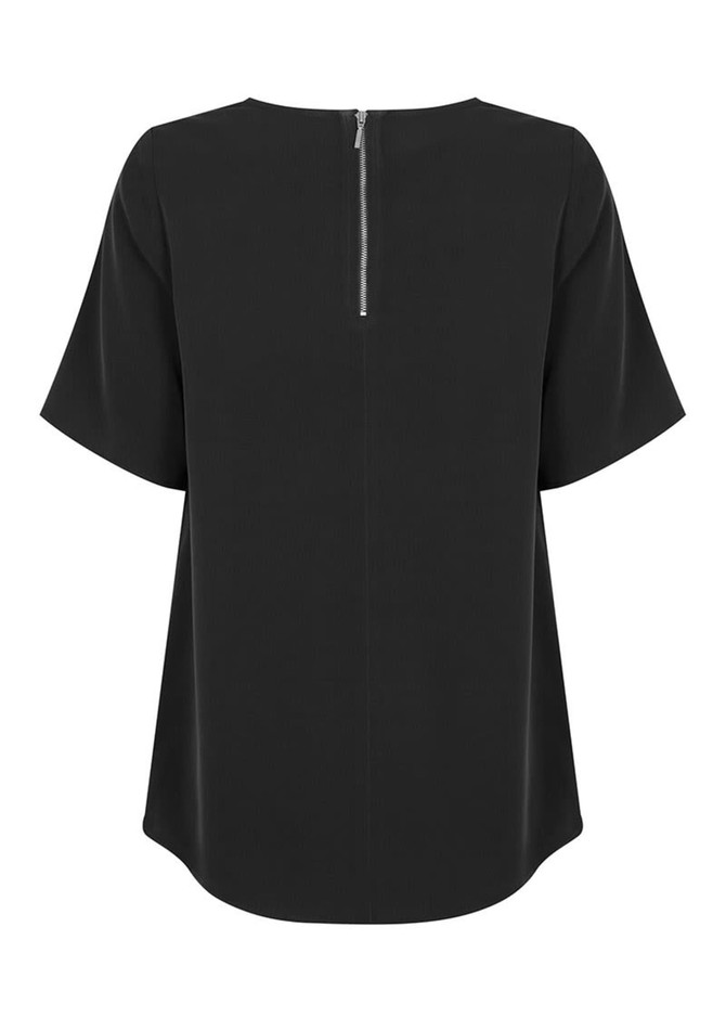 A black short sleeve shirt with a back zipper and a loose fit. It features a simple design and has a logo.