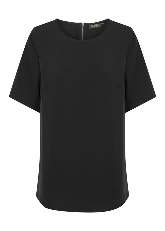 A black short sleeve shirt featuring a round neckline and a back zip closure. It has branding on the interior.