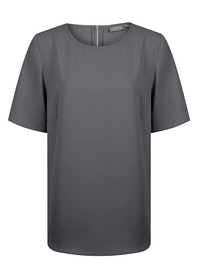 A grey short sleeve shirt with a minimalist design and a rear zipper, featuring a logo.