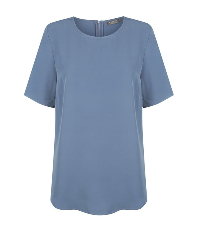 A light blue short sleeve shirt with a round neckline and a back zipper, featuring a subtle brand logo.