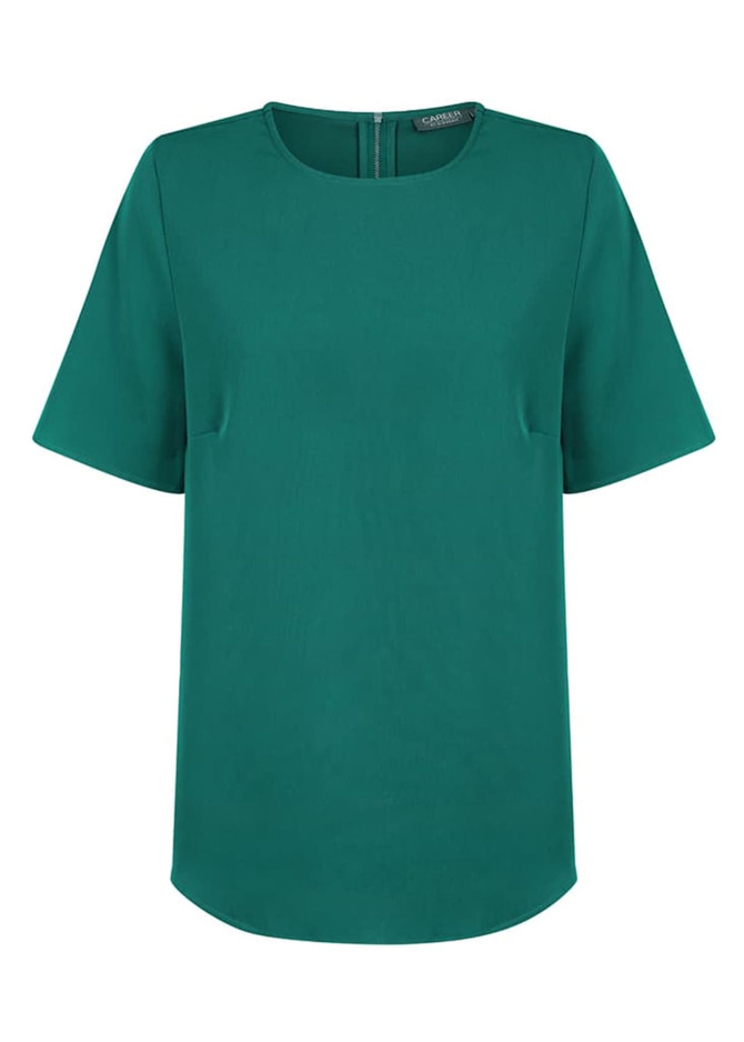 A green short sleeve shirt featuring a round neckline and a subtle back opening, with a logo visible.