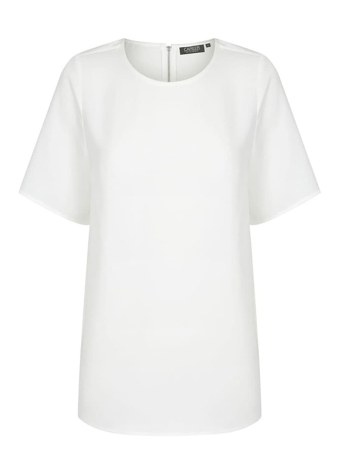 A white short sleeve shirt with a simple design and a back zip closure, featuring a logo.