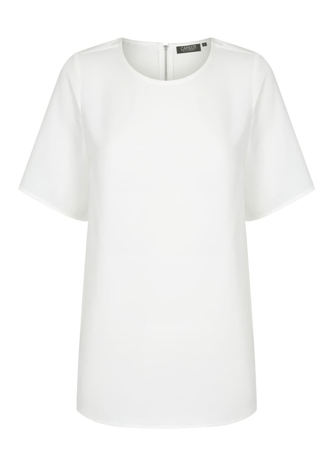A white short sleeve shirt featuring a simple design and an attached logo.