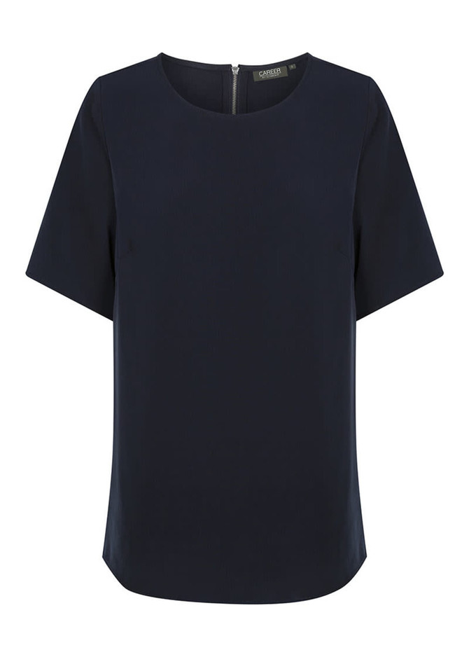 A navy blue short sleeve shirt with a simple design, featuring a subtle zipper at the back and branding.