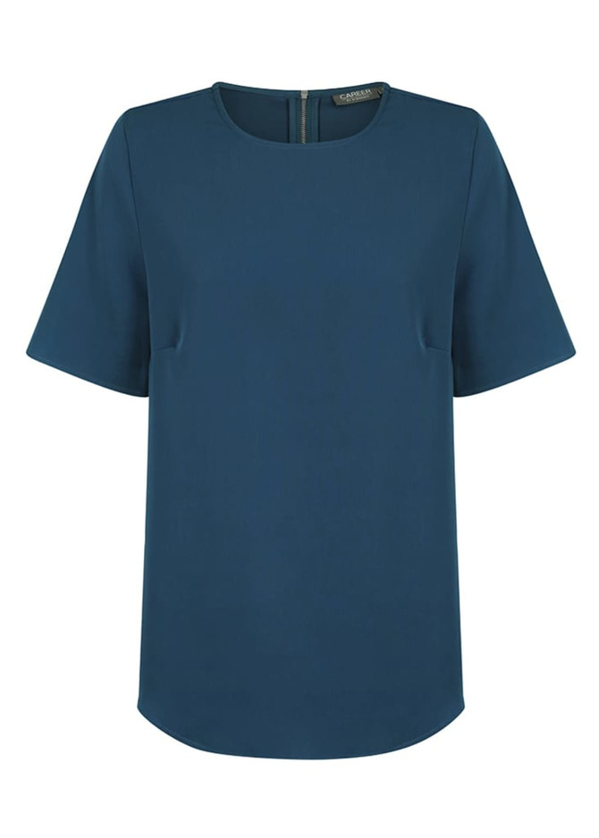 A teal short sleeve shirt featuring a round neckline and a subtle branded tag on the back.