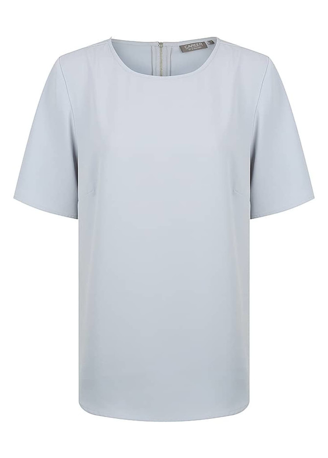 A light blue short sleeve shirt with a round neckline and a zip back. It features a subtle logo on the fabric.