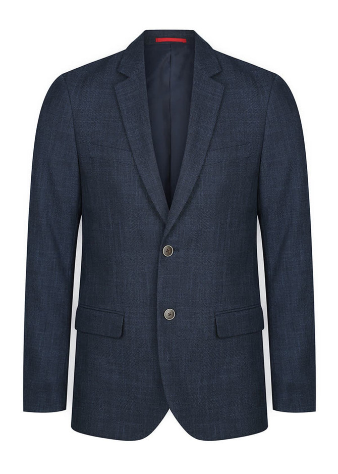 A dark blue blazer with a tailored fit, featuring two buttons and side pockets. Includes a simple logo.