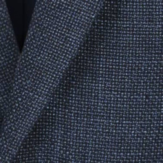 A blazer in a textured navy blue fabric, showcasing a subtle woven pattern. Features a logo on the label.