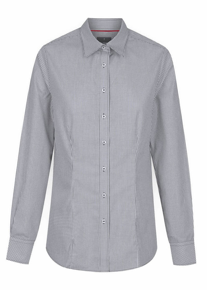 A button-up shirt in black and white check pattern with a classic collar and long sleeves. Features a logo.