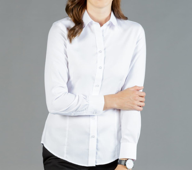 A white button-up shirt with a fitted design, featuring long sleeves and a subtle sheen.