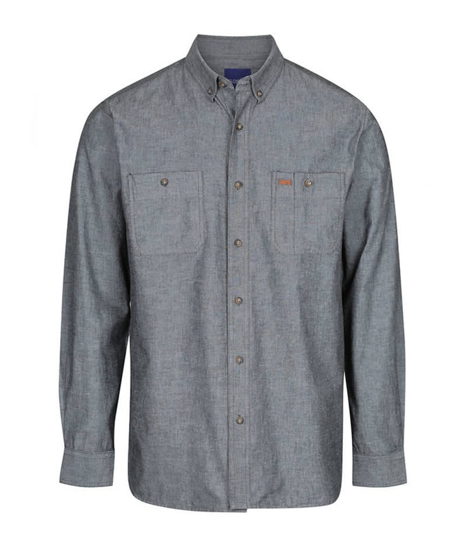 A grey long-sleeve work shirt with two front pockets and a button-up design, featuring a logo on the chest.