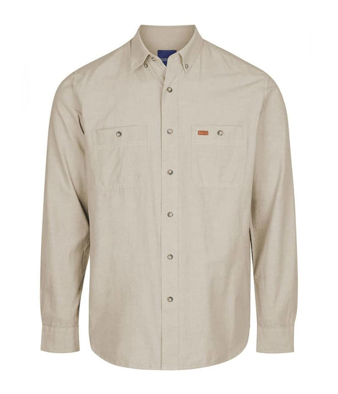 A light beige work shirt featuring two chest pockets and a logo on the front. Long sleeves with buttoned cuffs.