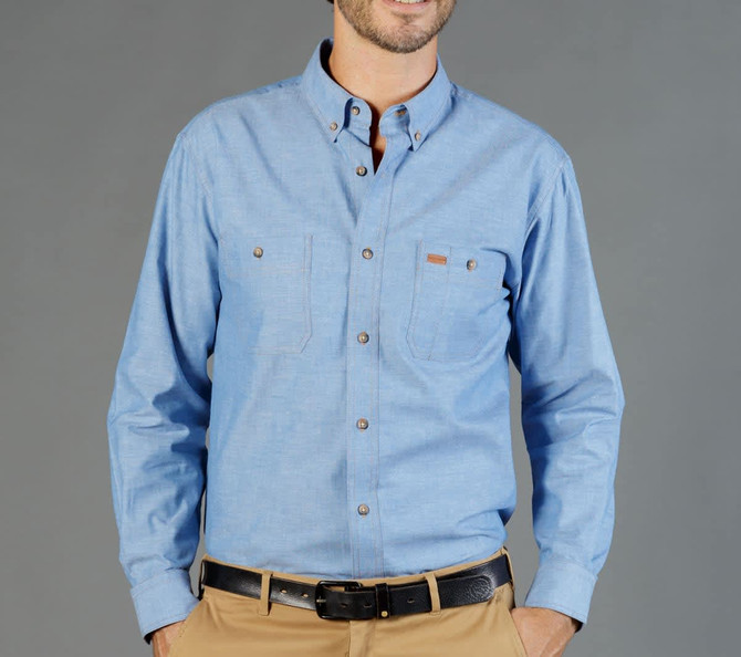 A light blue long-sleeve work shirt with two chest pockets and a logo. The collar is button-down style.
