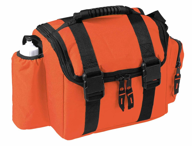 An orange promotional bag featuring black straps and a side pocket for a drink bottle. It has a sturdy handle and zippers.