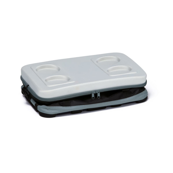 A grey EVA Big Chill Cooler with a white lid featuring two cup holders, zipped open to reveal its interior.