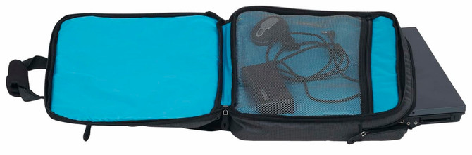 A laptop bag in black with a light blue interior, featuring a zippered compartment and a mesh pocket.