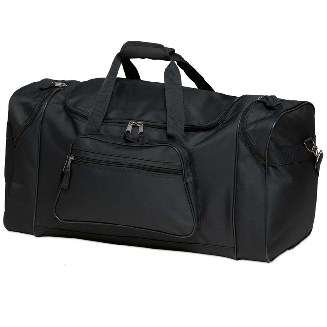 A black duffle bag with a front zipper pocket and dual handles for carrying. It features a logo on the side.