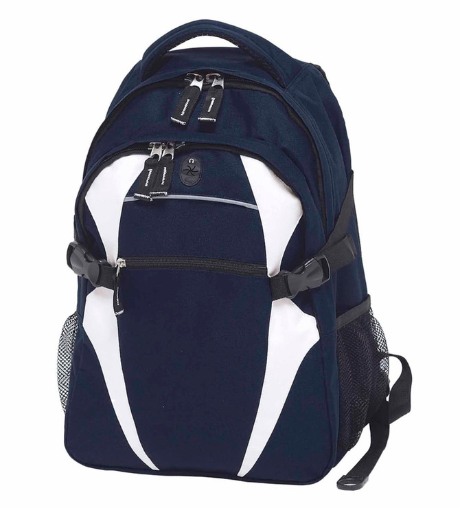 A navy blue backpack with white accents, featuring multiple compartments and a side mesh pocket. It has a logo.