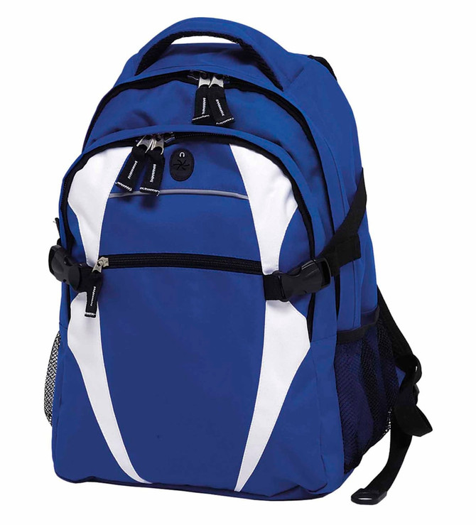 A blue and white backpack with multiple compartments and a side mesh pocket. It features a logo on the front.