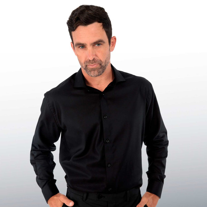 A black button-up shirt for men, featuring long sleeves and a collar, with a logo on the chest.