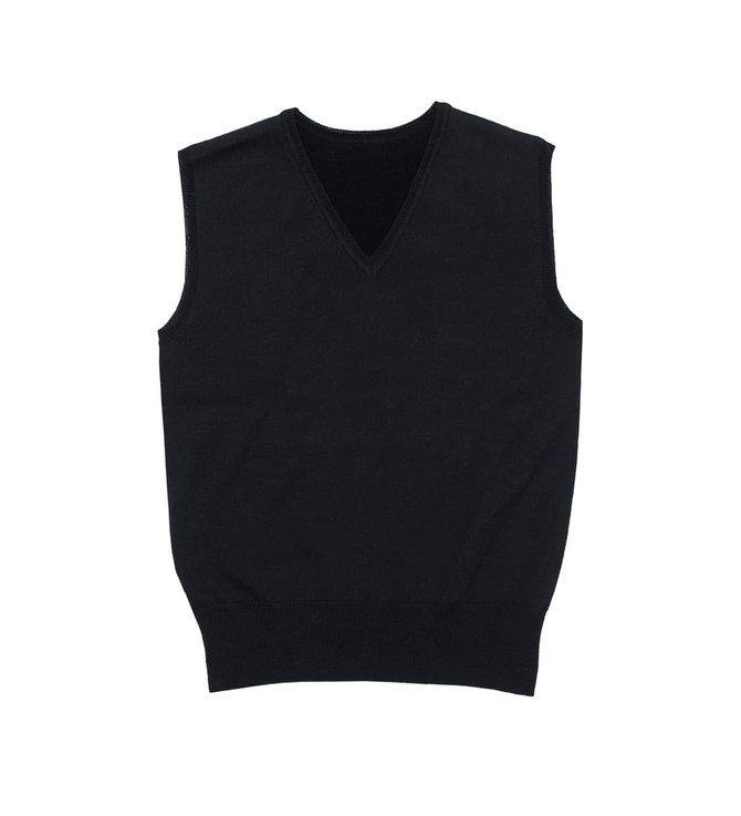 A black women's Merino fully fashioned vest with a V-neck design. The vest is sleeveless and features a fitted hem. A black women's Merino fully fashioned vest with a V-neck design. The vest is sleeveless and features a fitted hem.