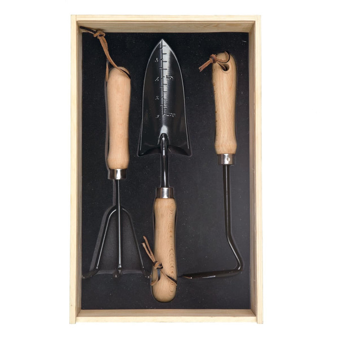 A set of three garden tools with wooden handles, housed in a wooden box with a black interior.