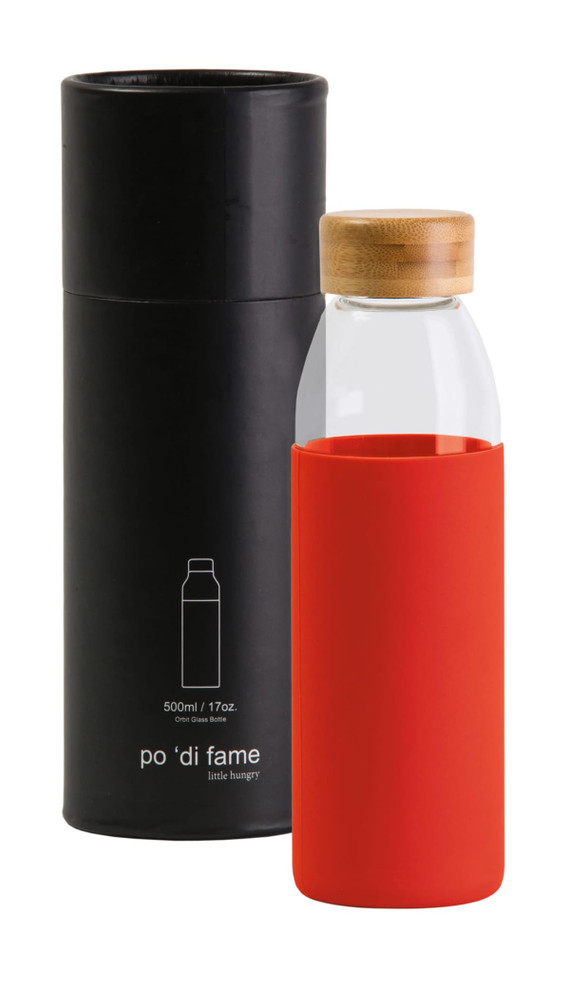 A drink bottle with a clear glass body, red silicone sleeve, and bamboo lid, accompanied by a black cylindrical container.