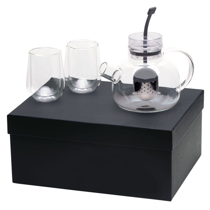 A glass teapot with infuser, accompanied by two glass cups, presented in a black gift box.